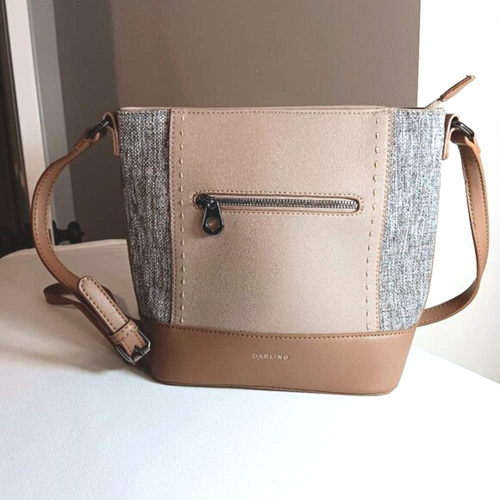 Darling Cream Tan Crossbody Bag Faux Leather Fabric Shoulder Bag Neutral